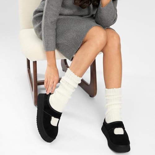 Vilanva Black Platform Slippers for Women Cozy Fur Lined Slip on Mary Jane Winter Shoes Warm Comfy House Slippers for Indoor Outdoor Size 9 - Thumbnail 2