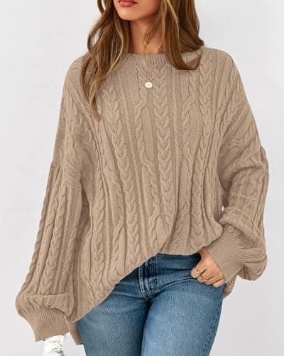 KIRUNDO Oversized Chunky Cable Knit Sweater Women 2026 Fall Fashion Cozy Long Sleeve Crewneck Pullover Winter Clothing(Khaki, XX-Large) - Thumbnail 4