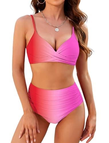 ZAFUL Women High Waisted Bikini Sets Two Piece Swimsuit Push Up Twist Front Ruched Bathing Suit Pink Gradient L - Image 1