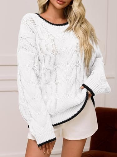 Saodimallsu Womens Oversized Sweater Casual Cable Knit Color Block Crewneck Pullover 2025 Fall Winter Chunky Trendy Sweaters White - Thumbnail 2