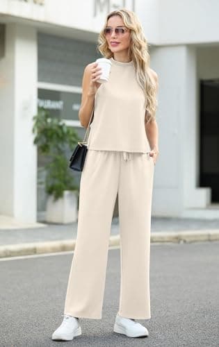 Lepunuo Women's Summer 2 Piece Outfits Mock Neck Top Wide Leg Pants Lounge Sets Vacation Travel Outfits Matching sets - Thumbnail 4