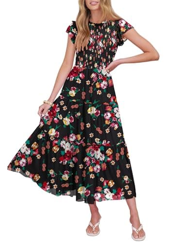 Caracilia Womens Summer Casual Tulle Midi Dresses Ruffle Sleeve Crew Neck Smocked Mesh 2026 Flowy Tiered Wedding Guest Dress Black Floral Medium - Image 1