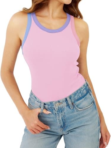 GKBK Womens Colorblock Ribbed Tank Tops Crewneck Fitted Cute Sleeveless Racerback Basic Casual Summer Cami Shirts Pink - Thumbnail 2