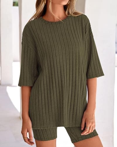 KIRUNDO Short Sets For Women Summer 2 Piece Matching Lounge Sets Casual Rib Knit Tshirts Biker Shorts Beach Vacation Outfits (Army Green, Large) - Thumbnail 3