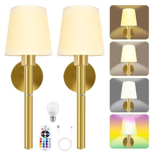 PHOXPH Rechargeable Wall Sconces Set of 2, 5200mAh Battery Operated with Remote, 12 Color Changing & Dimmable, Gold Wireless Light Fixture for Bedroom, Living Room, Hallway - Image 1