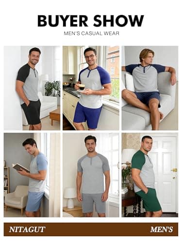 NITAGUT Mens Pajama Set 2 Piece Henley Sleepwear Lightweight Short Sleeve Loungewear Soft Comfy Sleep Set with Button,Blue M - Thumbnail 6