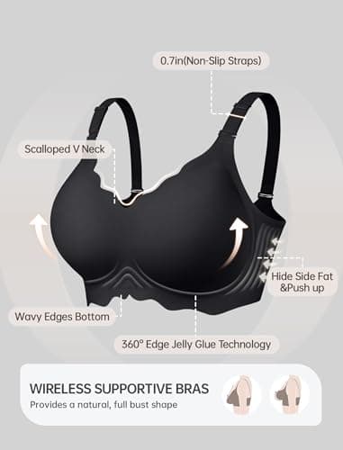 OEAK Womens Seamless Scalloped Bras No Underwire Push Up Full Coverage Anti Sagging Bra Comfortable Convertible Everyday Bra Black,L - Thumbnail 6