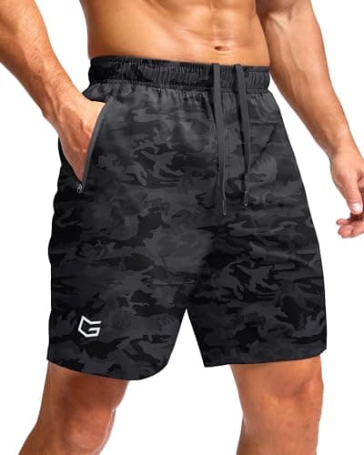 Men's Athletic Running Shorts with Zipper Pockets Quick Dry 7"/ 5"/ 9" Workout Gym Shorts for Basketball Hiking(Grey Camo,7XS) - Image 1