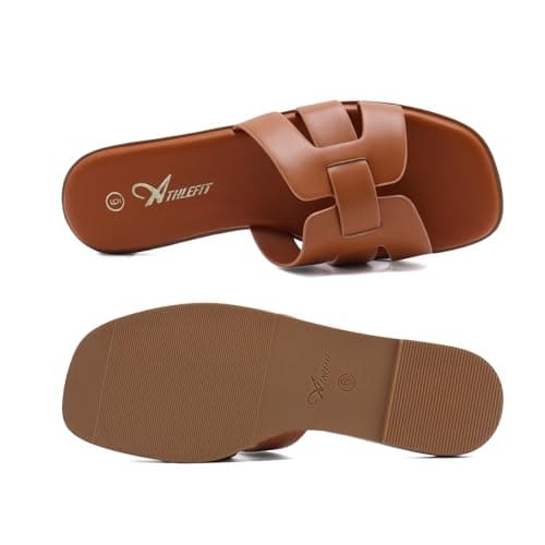 Athlefit Brown Sandals Women Dressy Summer Flat Sandals Square Open Toe Slip On Leather Slide Sandals Size 10 - Thumbnail 4