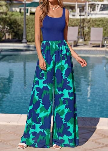 KIRUNDO Jumpsuits for Women Dressy 2026 Summer One Piece Sleeveless Boho Floral Wide Leg Romper Beach Vacation Cruise Outfits(Blue Green, Large) - Thumbnail 5
