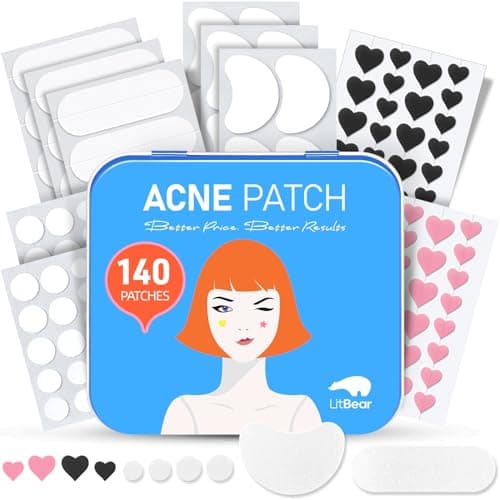 LitBear Acne Pimple Patch, 8 Sizes 140 Pcs Hydrocolloid Acne Patches with Storage Box, 24 XL Pimple Patches for Face, Chin, Nose, 4 Shapes Zits Patches for Blemish, dots with Tea Tree Oil & Cenrella - Image 1