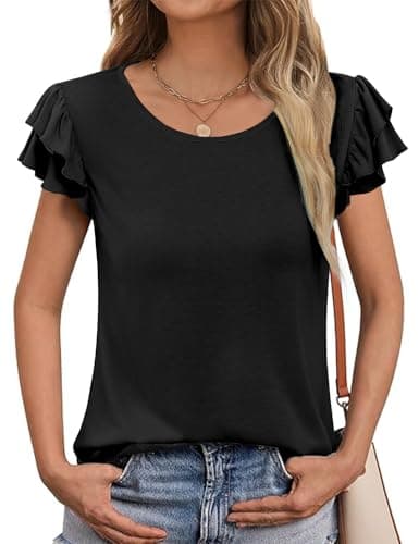 NORACORA Womens Ruffle Short Sleeve Summer Tops Crewneck T Shirts Loose Fit Blouses Dressy Business Casual Spring Outfits 2025 Black - Thumbnail 5