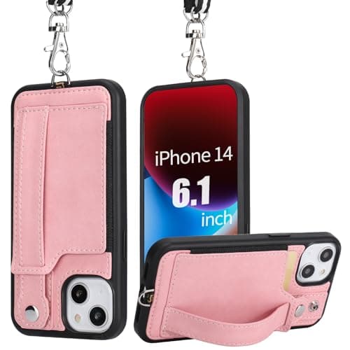 TOOVREN Phone Cover for iPhone 14 Wallet Case with Card Holder PU Leather fits iPhone 14 Case Wallet with Stand Detachable Phone Lanyard Neck Strap Case for Women & Men 6.1-Inch Pink - Image 1
