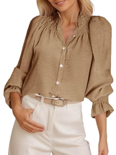 Tankaneo Womens Puff Long Sleeve Button Down Shirts Ruffle Mock Neck Blouses Dressy Casual Loose Fit Tops Khaki - Image 1