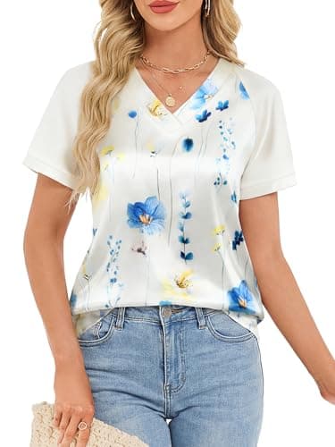 Funlingo Summer Satin Tops for Women Silk Short Sleeve Raglan Shirts V Neck Color Block Floral Blouses Summer Fashion Clothing S - Image 1