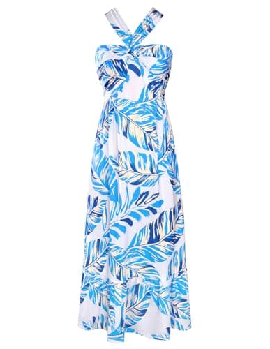 GRACE KARIN Womens Summer Floral Dresses 2026 Boho Maxi Dress Flowy Halter Sundress Casual Vacation Beach Clothes with Pocket Blue Floral L - Image 1