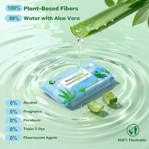 Dorahoney Flushable Travel Wipes with Aloe Vera, 99% Water Moisturizing Mini Wet Wipes for Sensitive Skin, Unscented Pocket Wipes for On The Go Travel Essentials, Total 48 Count (8 Packs of 6) - Thumbnail 2