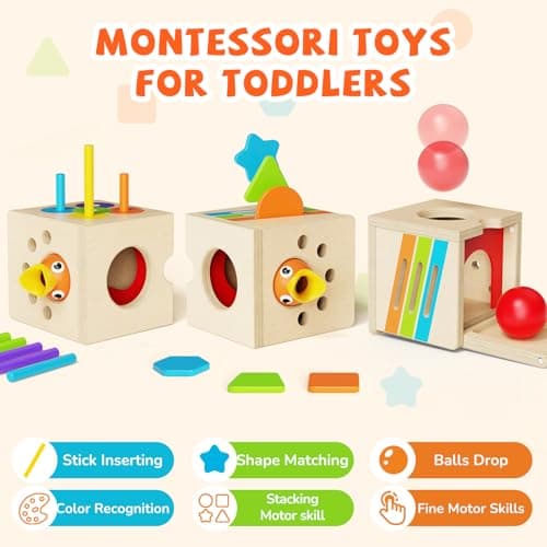 5-in-1 Wooden Activity Cube, Toddlers Montessori Toys for Baby Boys Girls, Baby Activity Center for 2+ Year Old, Woodpecker Worm Toy Magnetic Bird Feeding Game, Educational Color & Shape Sorting Toy - Thumbnail 6
