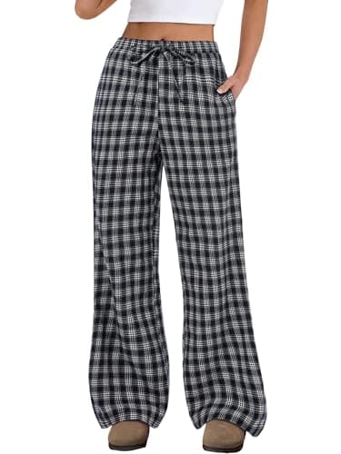 ANRABESS Women's Striped Gingham Pants 2026 Spring Pajama Lounge Boxer Pants Casual Wide Leg Drawstring PJ Bottoms Trousers﻿ Multi Black Plaid X-Large - Image 1