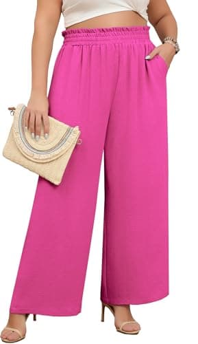 Lastshe Women's Plus Size Business Casual Pants High Waisted Fashion Lounge Fall School Pants Straight Wide Leg Long Trousers with Pockets,Pink,3X - Image 1