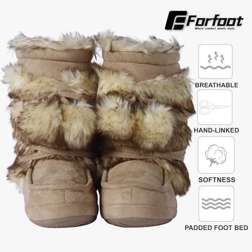 Forfoot House Slippers, Warm Soft Plush Lining Slippers Boots for Women Indoor Anti-Slip Shoes Soft Sole Lace Pom Pom Bedroom Booties Furry Boots Beige Size 9-10 - Thumbnail 3