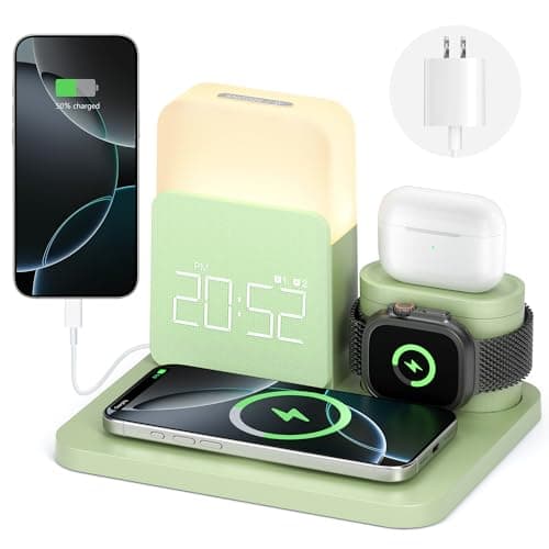 Wireless Charging Station, 7 in 1 Wireless Charger Stand with Dual Alarm Clock, Charging Dock for iPhone 17/16/15/14/13/12/11/Pro/Max/Samsung Phone, Apple Watch 10/9/8/7/6/5/SE, AirPods 4/3/2 - Image 1