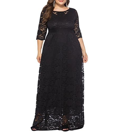 Eternatastic Womens Floral Lace 2/3 Sleeves Maxi Dress Evening Party Long Dress 6XL Black - Image 1