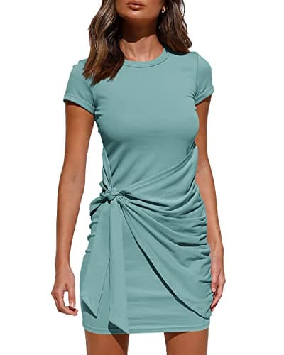 BTFBM Women 2026 Spring Casual Short Sleeve Ruched Bodycon Tank T Shirt Dress Tie Waist Sun Beach Summer Mini Dresses(Short Sleeve Light Green, Small) - Image 1