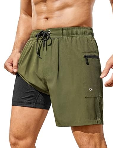 SILKWORLD Swim Trunks for Men Compression Lined Swimsuit 6 in Swimming Shorts Quick-Dry Bathing Suits with Zipper Pocket, Army Green, XX-Large - Image 1