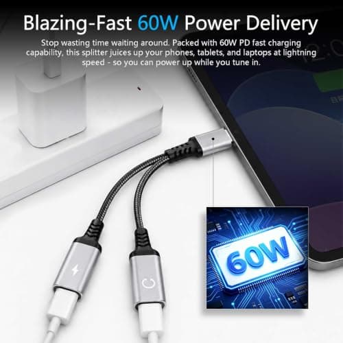 60W USB C Splitter 1 in 2 Out Type C Headphone Audio Charging Adapter Cable - Thumbnail 3