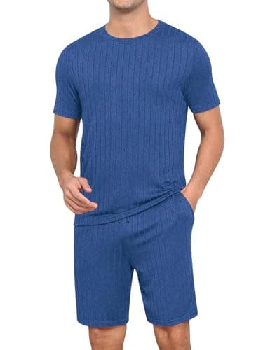 RQP Mens Lounge Set Ribbed Knit Pajamas Set 2 Piece Short Set Summer Soft Sleepwear,Royal Blue - Image 1