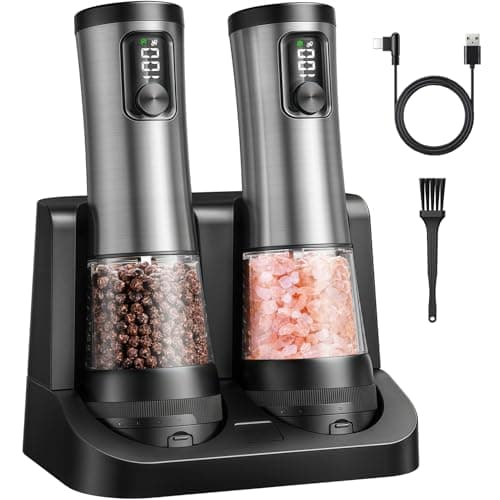 Electric Salt and Pepper Grinder Set - Ceramic Grinder Automatic Pepper Mills with Battery Display Rechargeable Base, Stainless Steel Salt Shakers with 5 Level Adjustable Coarseness for Modern Kitchen - Image 1