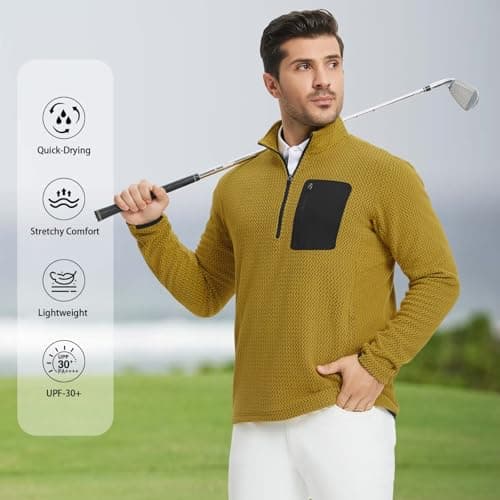 M MAELREG Quarter Zip Pullover Men Classic Golf Sweatshirt Dry Fit Soft Warmth Mens 3/4 Zip Pullover for Fall Yellow - Thumbnail 6