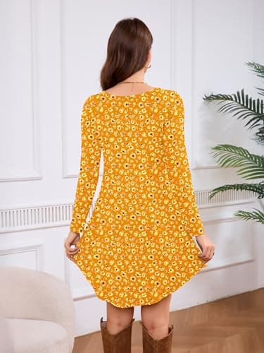 DEARCASE Women's Long Sleeve T Shirt Dress Floral Yellow Crush Flower Medium Crewneck Knee Length Loose Casual Flowy Swing Tunic Dresses with Pockets - Thumbnail 3