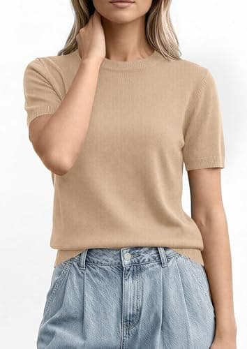 PRETTYGARDEN Women's Short Sleeve Sweaters 2026 Spring Crew Neck Knit Work Shirts Business Casual Tops Summer Fashion Clothes (Beige,Large) - Thumbnail 6
