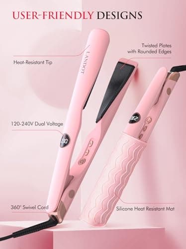 LANDOT 2-in-1 Hair Straightener and Curler - Pro 1" Multi-Styler with Twist & Curl Technology, Tourmaline Ceramic, Dual Voltage Adjust Temp 250-450°F for All Hair Types, Blush Pink - Thumbnail 6