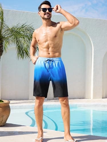 SILKWORLD Mens Swimming Trunks with Compression Liner 2 in 1 Quick-Dry Bathing Suits with Zipper Pockets, Gradient-Blue Black, X-Large - Thumbnail 5