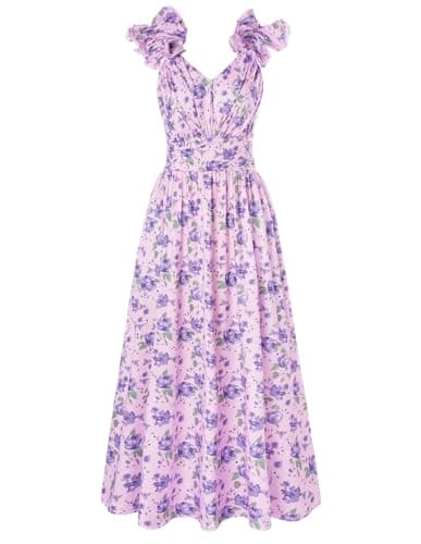 GRACE KARIN 2025 Women's Summer Floral Print Sleeveless Long Casual Flowy A Line Ruffle Wedding Guest Maxi Dress Purple Green M - Image 1