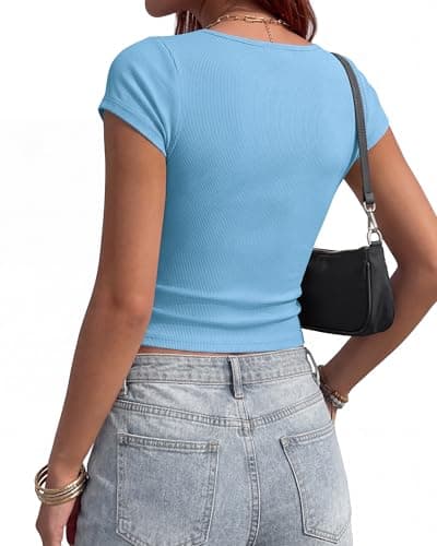 BTFBM Women Short Sleeve Tops Square Neck Ribbed Knit Basic Tee Shirt Y2K Casual Summer Clothes 2026 Spring Outfits(Light Blue, XX-Large) - Thumbnail 4