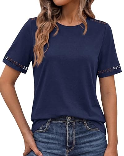 BTFBM Summer Tops for Women Lace Short Sleeve Shirt 2026 Spring Casual Loose Crew Neck Cotton Knit Cute Business Blouses(Navy Blue, Medium) - Thumbnail 2