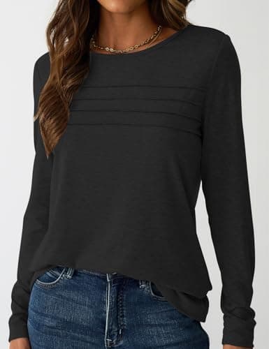 NORACORA Womens Tops Long Sleeve T Shirts Dressy Casual Spring Fall Outfits Pleated Front Shirts Round Neck Casual Tunic Basic Tee Tops Black XL - Thumbnail 2