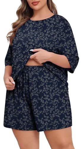 Lastshe Pajamas Set Women's Plus Size 2 Piece Soft Short Sleeve with Pockets Shorts Sleepwear Knit Pjs Loungewear Summer,Blue White Leaf,4X - Image 1