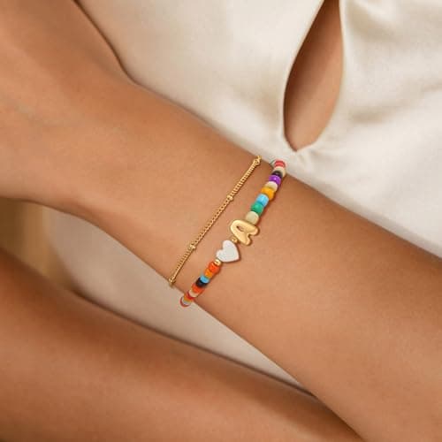 Eaciy Easter Gifts for Kids Girls - Initial Bracelets for Women Colorful Letter A Initial Bracelet for Teen Girl Gifts Trendy Stuff, Dainty Boho Letter Bracelet 5 6 7 8 9 10 Year Old Girl - Thumbnail 2