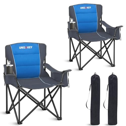 Unisakey Oversized Folding Camping Chair for Adults - 450lbs Support - Heavy Duty Portable Lawn Chairs with Side Pocket Cup Holder Cooler Bag for Sports Garden Beach Fishing, Blue 2 Pack