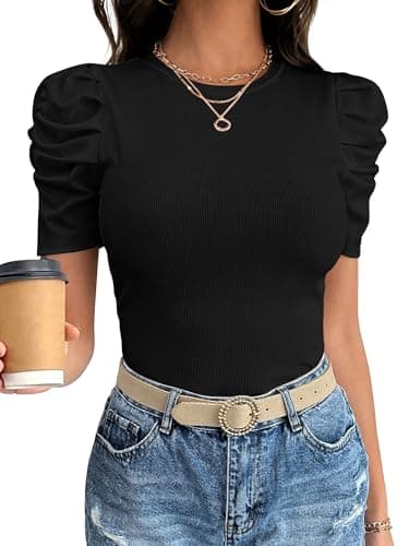 ANRABESS Women Puff Short Sleeve Crewneck Dressy Casual Tops Summer Fitted Ribbed Knit Trendy Work Shirts 2026 Spring Clothes Black Medium - Image 1