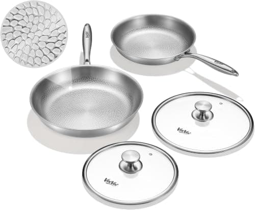 VocVoi Titanium pans for cooking Non Stick with lid,10"+12" Uncoated Hammered titanium pro frying pan, PFAS Free Cookware, Butter warmer skillet, Induction & Oven-Safe