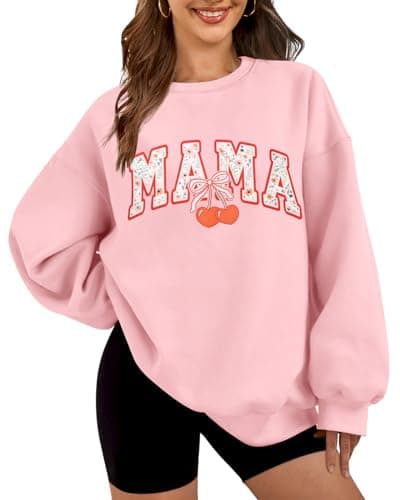 HEYTALALA Mama Sweatshirt for Women Oversized Crewneck Pullover Hoodies Graphic Tops Long Sleeve Mom Shirts Pink - Image 1