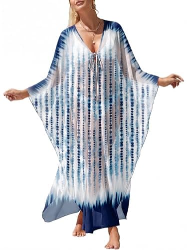 ANRABESS Women Kaftan Moo Moos Dresses Floral Batwing Sleeve V Neck Beach Swimsuit Cover Up Caftan Maxi Dress Blue White Floral Small - Image 1