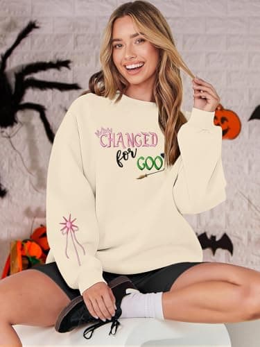 KIMSOONG Musical Movie Sweatshirt for Women: Changed for Good Embroidered Long Sleeve Crewneck Loose Pullover Top Apricot - Thumbnail 3