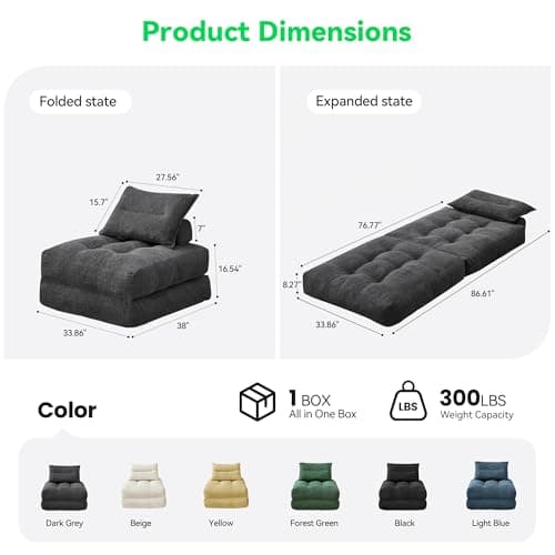 MONVANE Oversized Folding Sofa Bed, Fold Out Chair Bed with Pillow, Convertible Sleeper Chair for Living Room, Guest Room & Bedroom, 400+g Comfy Teddy Velvet Couch Bed for Adults & Kids, Dark Grey - Thumbnail 2